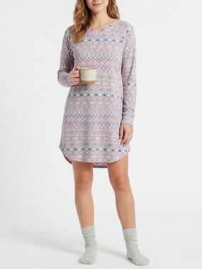 T3.Cuddl Duds Pajama Top Womens Large Gray Printed Stretch Long Sleeve Crew Neck